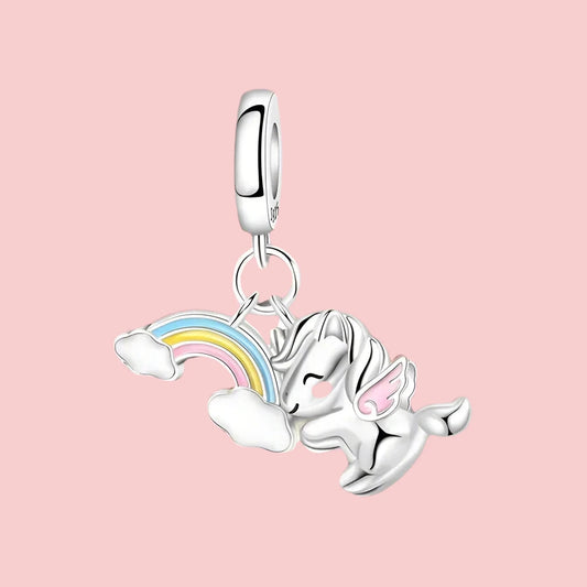 S925 Unicorn Hugging a Rainbow Charm