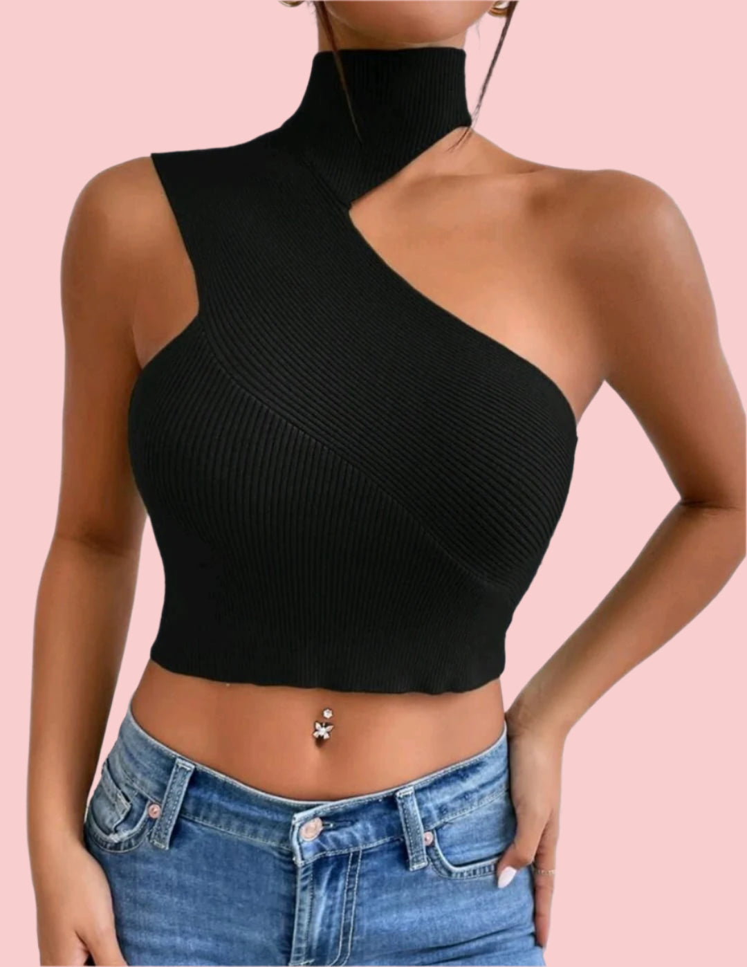 Asymmetrical Neck Crop Knit Top - Size Large