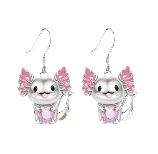 Axolotl Shaped Heart & Pink Crystal Earrings